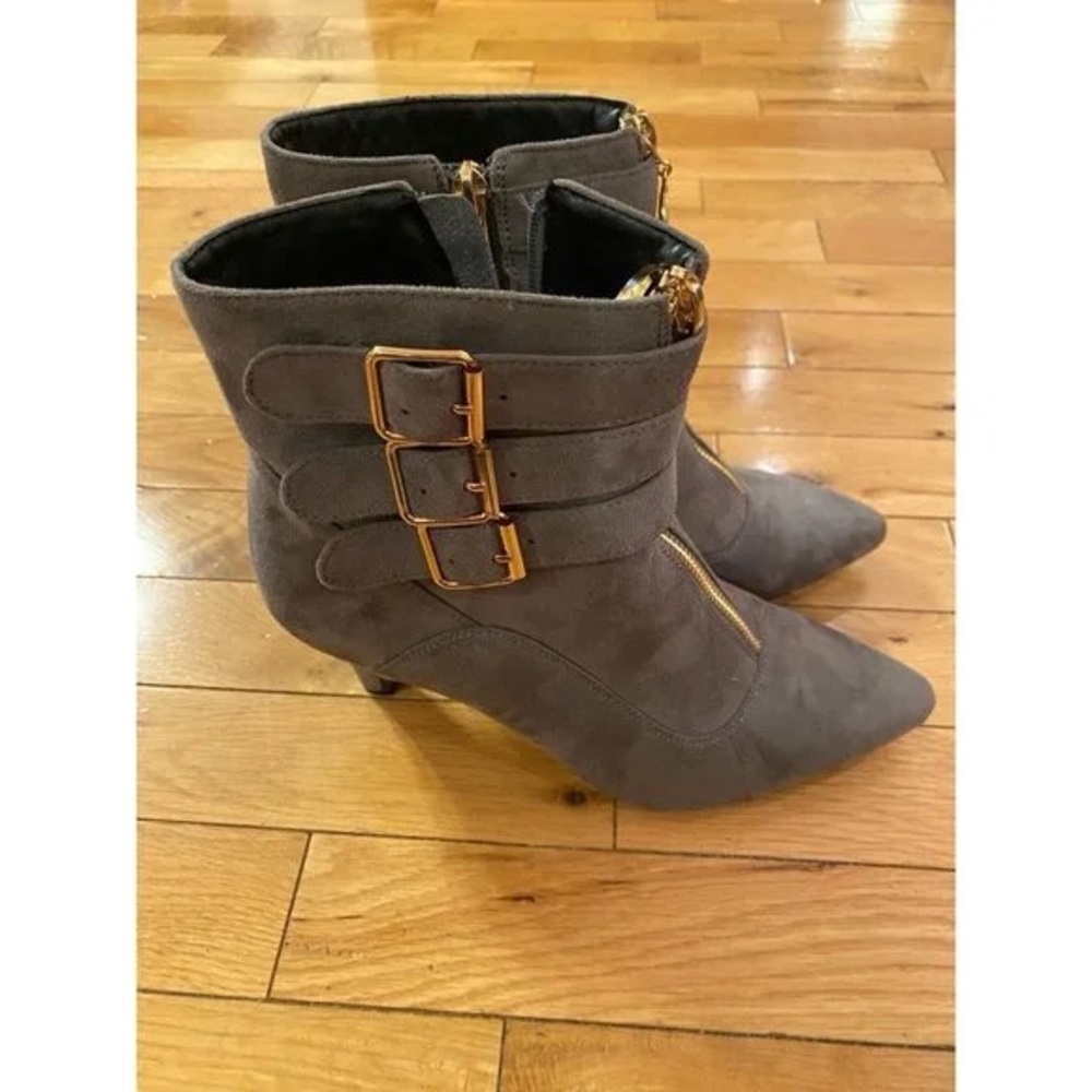Gray Suede Ankle Boots with Gold Buckles